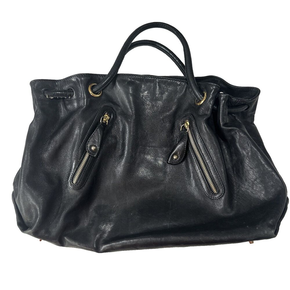 FURLA Elizabeth Tote Bag Genuine Leather Black Gold Handbag Purse